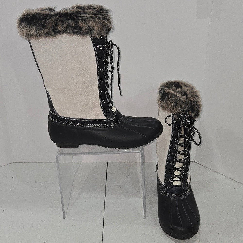 Sporto Nasha Womens Duck Boots Black White Faux Fur Trim Lace Up Size 11M